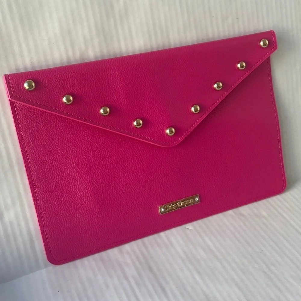 Juicy Couture Envelope Clutch Bag Bright Barbie Pink Gold Studs NWOT